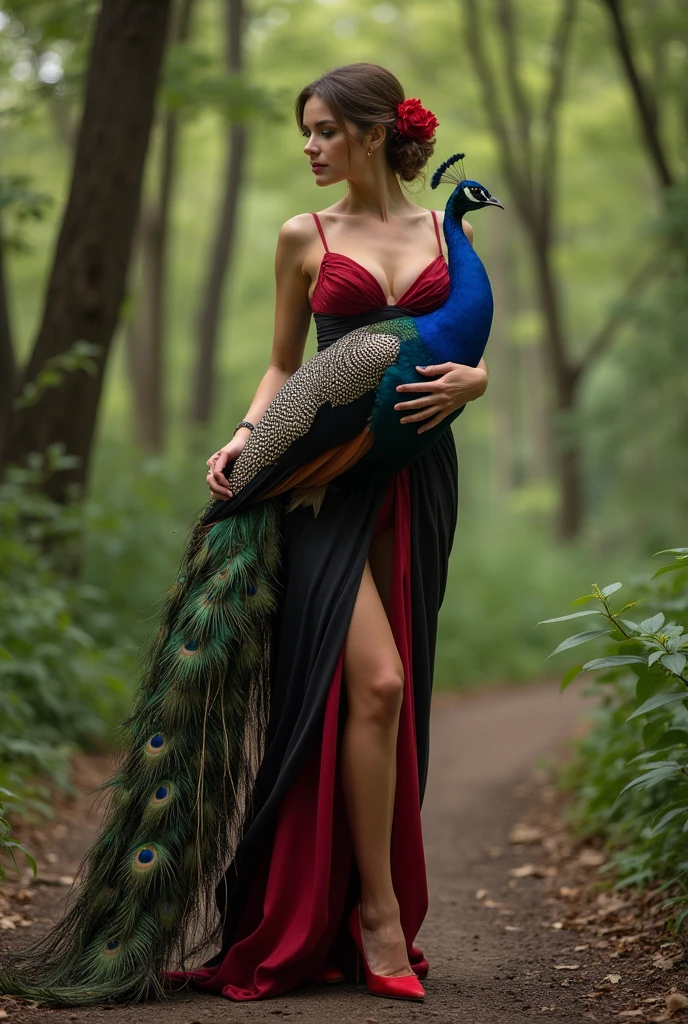 (Taking a picture in the forest with a peacock, standing next to a peacock. Hair tied up, brown long hair, wearing a flower in her hair. Big breasts, glamorous body, wearing a long dress with a mix of black and red, wearing red high heels