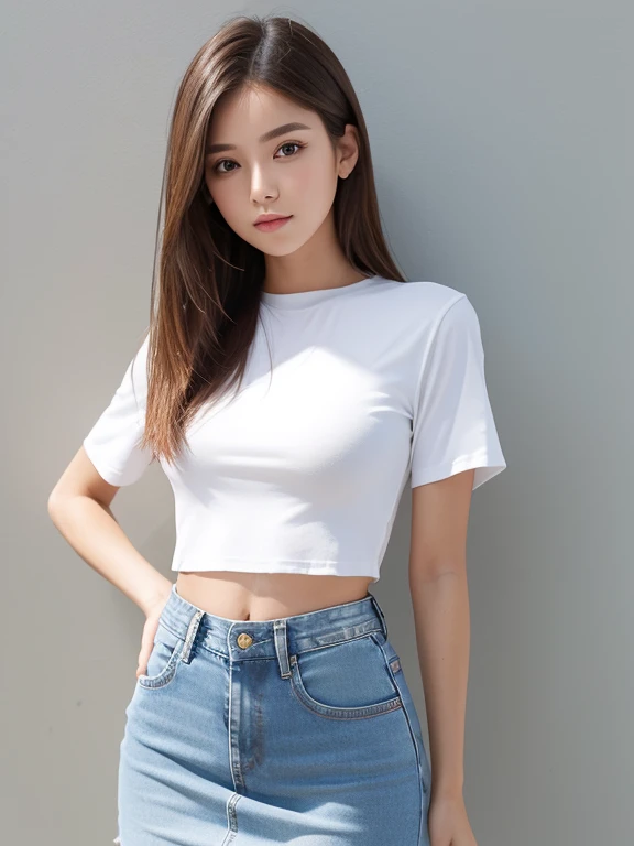 Girl in white good and tight denim skirt posing for photo, whole body, Cropped T-shirt, good, The body is slim, Large bust, Slim Girl Model, 1 female model、Her hair is brown.