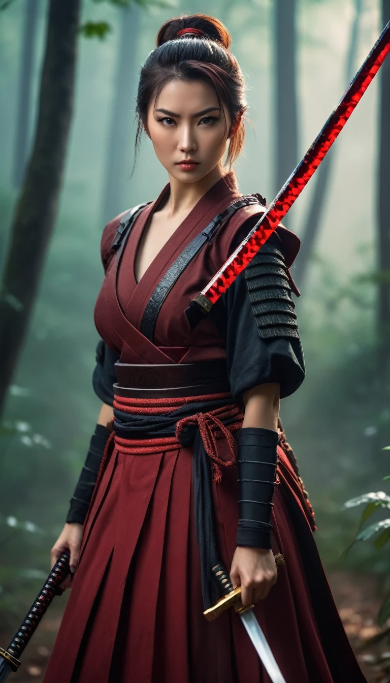 Hold the sword and open the scabbard.Handsome female warrior wearing dark red skirt, misty forest background.bokeh background.portrait,(best quality,4K,8k,high resolution,masterpiece:1.2) Art Station Contest Winners, fantasy art, female warrior, very beautiful cyberpunk samurai, Samurai sword, beautiful female warrior, beautiful female warrior, warrior princess, warrior girl, beautiful figure painting, she is holding a Samurai sword sword, japanese samurai, Ono City