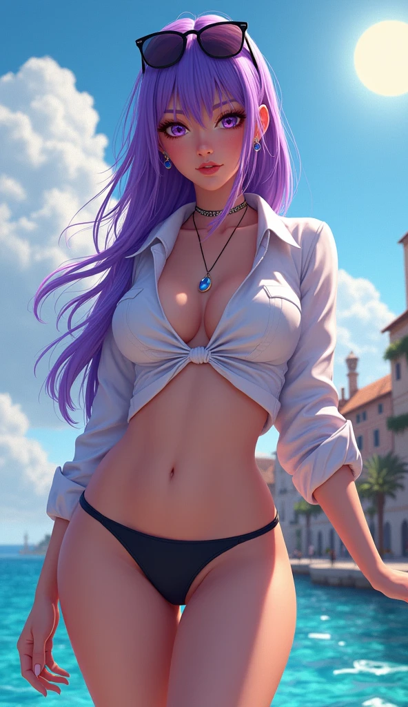 masterpiece, Highest quality,Kentucky Fried Chicken, One girl, 前hair, just_shoulder, skirt, chest, gloves, jewelry, big_chest, length_hair, length_sleeve, pantyhose, purple_eye, purple_hair, shirt, alone,Audience,sunglasses,bikini, (sun, cloud,A renaissance city on the waterfront,Outdoor :1.1),Rendering with Blender((Isoscale)),(Completely naked)Pussy