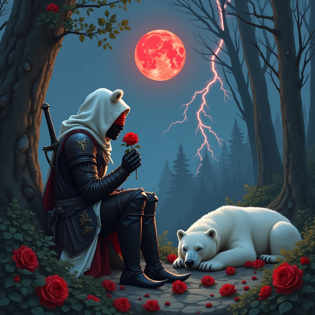 Male knight with a white hood with bear ears with sword behind his back sits towards a polar bear in a forest while the moon shines, many Roses cover the ground and lightning falls from the sky. The polar bear sleeps in front of the knight. Only the man wears a red blindfold. In the background of the picture is the blood moon and a tree has fallen down in the path. The forest is full of trees with leaves. The armor of the man is black and red roses decorate it. The knight smells on a rose.
