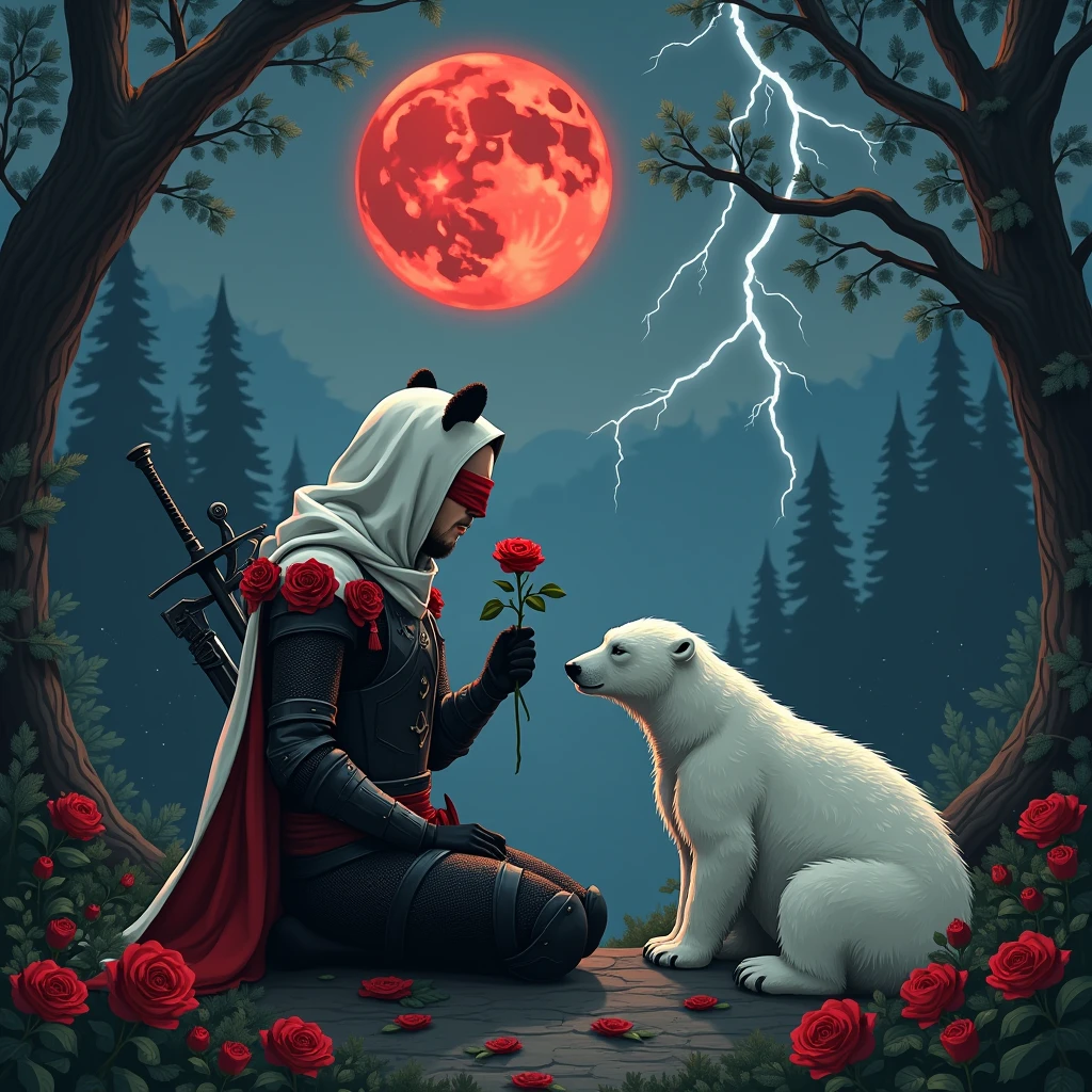 Male knight with a white hood with bear ears with sword behind his back sits towards a polar bear in a forest while the moon shines, many Roses cover the ground and lightning falls from the sky. The polar bear sleeps in front of the knight. Only the man wears a red blindfold. In the background of the picture is the blood moon and a tree has fallen down in the path. The forest is full of trees with leaves. The armor of the man is black and red roses decorate it. The knight smells on a rose.
