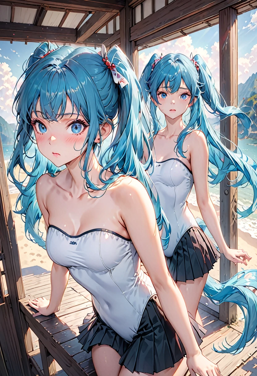 (masterpiece:1.2, Highest quality), (Realistic, photoRealistic:1.4), Beautiful illustrations, (Natural Side Lighting, Cinema Lighting), , 
(View your viewers), Hatsune Miku, 1 girl, Japanese, Perfect Face, Cute and symmetrical face, Glowing Skin, , 
(Long Hair, Straight twin tail hair, Blue Hair), Swept-apart bangs, Bright Blue Eyes, Droopy eyes, Long eyelashes, (Large Breasts:0.6), Five Fingers, 
Beautiful Hair, Beautiful Face, Beautiful attention to detail, Beautiful clavicle, Beautiful body, Beautiful breasts, Beautiful thighs, Beautiful feet, 
((Symmetrical clothing, Strapless one-piece swimsuit, Black pleated skirt)),tie, , 
(Beautiful views), Daytime, (Look forward), (Annoyed expression, Blushing, Embarrassed expression), (((The wind blows up my skirt))), 