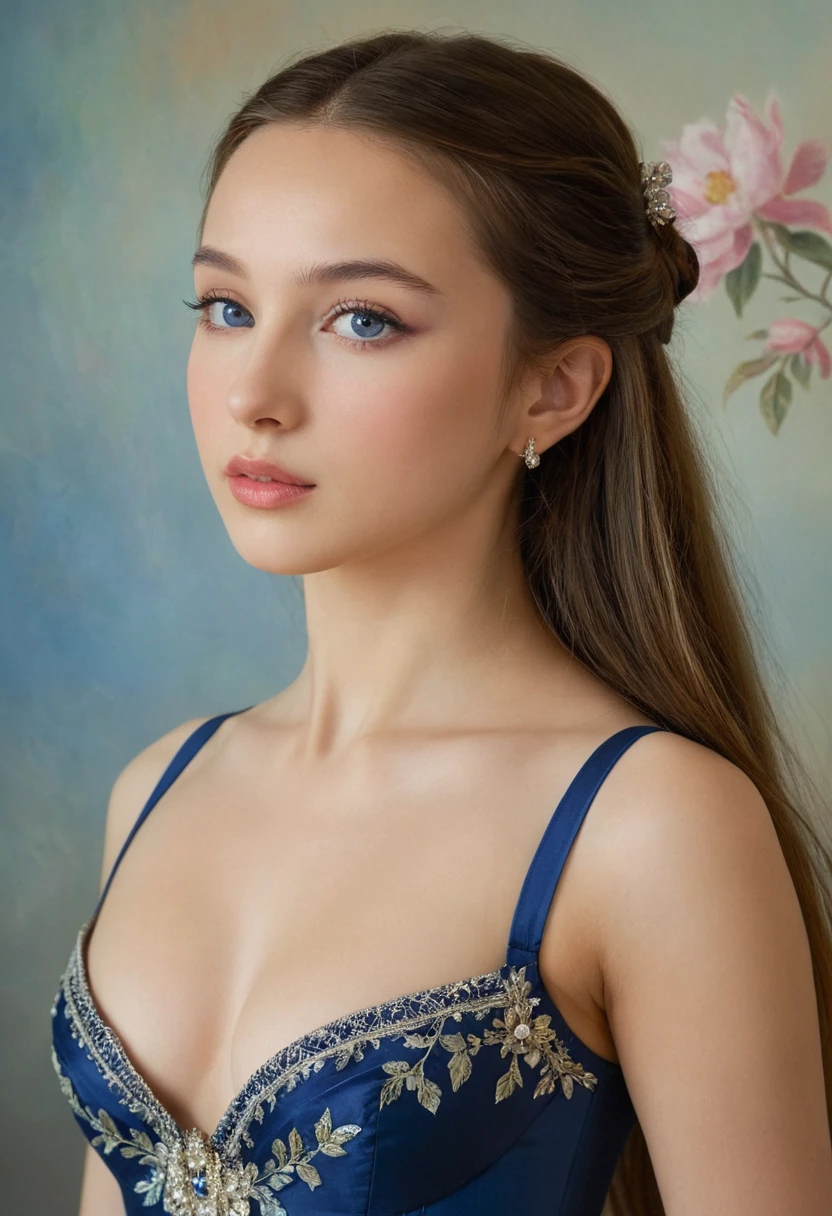 (highres,masterpiece:1.2),(realistic:1.37)"(best quality, highres, ultra-detailed, realistic),beautiful 19th-century portrait of a 1 French ballet dancer, (She is half French and half Japanese, and is a stunning beauty with dark blue eyes and a high nose:1.1), elaborate ballet costume, detailed facial features, long graceful neck, flowing locks of hair, poised and elegant posture, soft and delicate lighting, classic oil painting medium, vibrant colors, subtle background with floral motifs", dreamy atmosphere, Surrealism,mystical aura