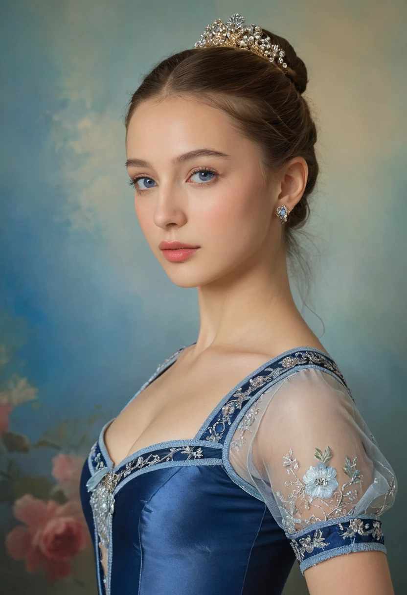 (highres,masterpiece:1.2),(realistic:1.37)"(best quality, highres, ultra-detailed, realistic),beautiful 19th-century portrait of a 1 French ballet dancer, (She is half French and half Japanese, and is a stunning beauty with dark blue eyes and a high nose:1.1), elaborate ballet costume, detailed facial features, long graceful neck, flowing locks of hair, poised and elegant posture, soft and delicate lighting, classic oil painting medium, vibrant colors, subtle background with floral motifs", dreamy atmosphere, Surrealism,mystical aura