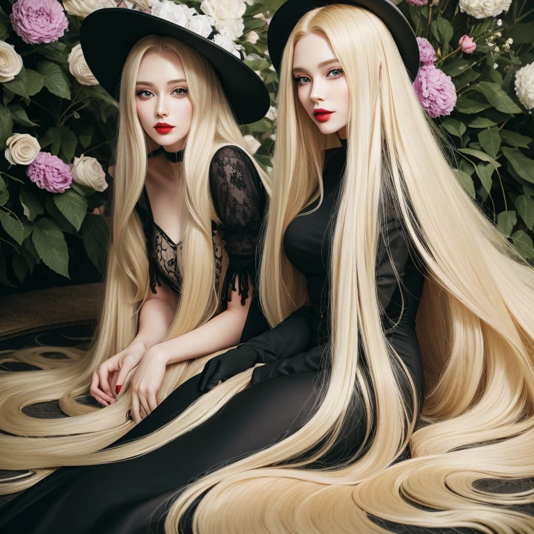 perfect face, red lips, green eyes,long black hair with very long blonde hair, super long blonde hair with very super long black hair, large hair, huge hair, woman wearing purple waisted mermaid dress, flowers hat