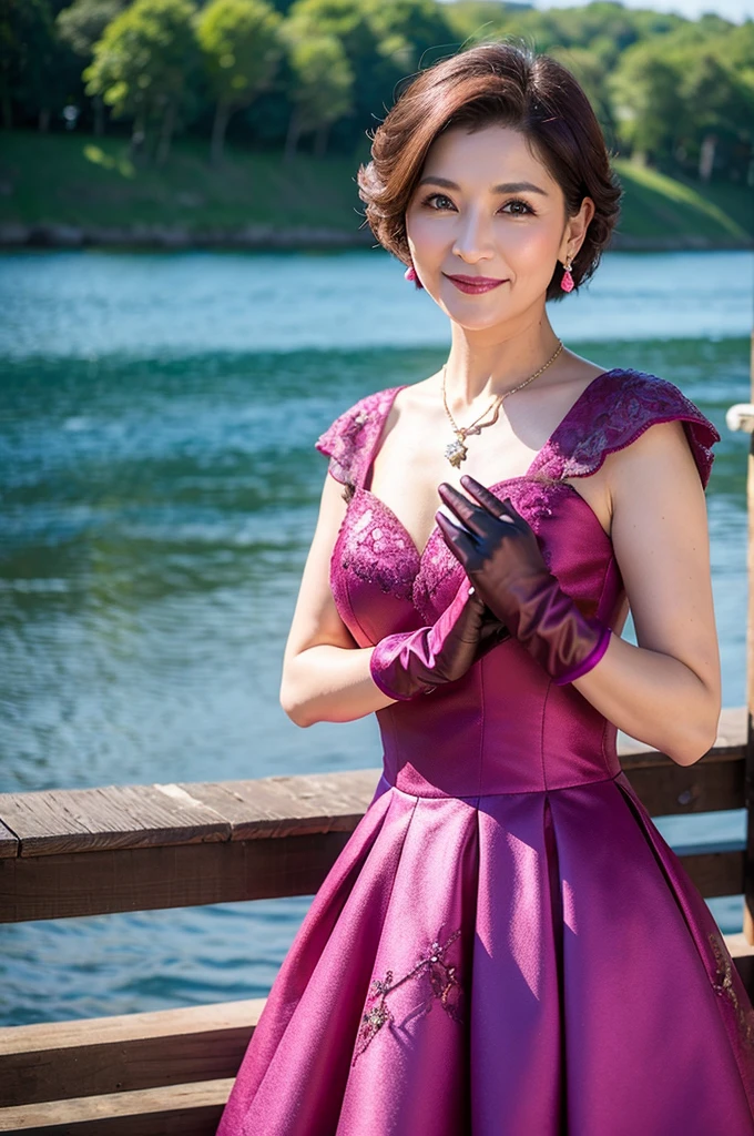 ((Masterpiece)), ((Best Quality)), A middle-aged short-hair woman, ((She is wearing an ornamental magenta short length wedding dress)), She is wearing gloves on her hands., outdoor, She is wearing a big necklace, She is near a lake.