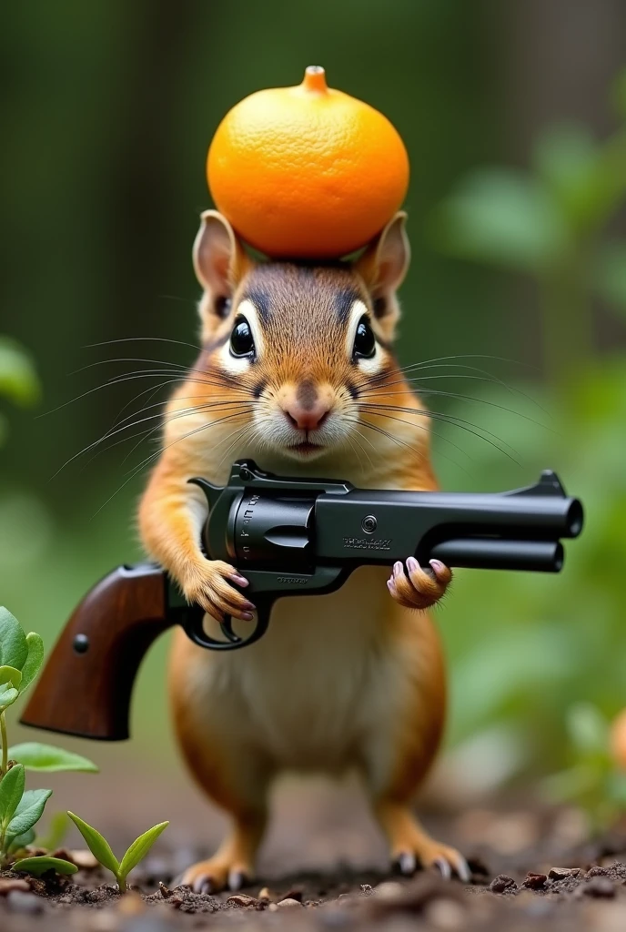 ((Highest quality)), ((masterpiece)), (photograph), A chipmunk is walking with a gun, The squirrel has a yellow tangerine on its head.