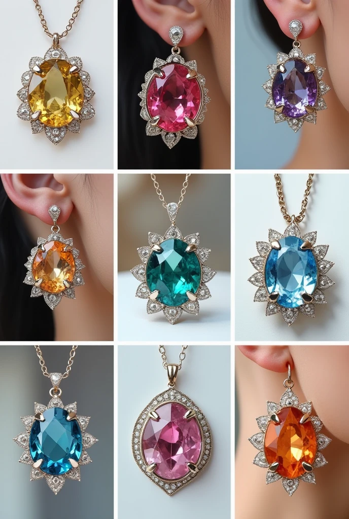 Collage of 9 pictures. Each picture shows a photo of luxury silver jewelry. They are multi-colored,  brands "Night flower"