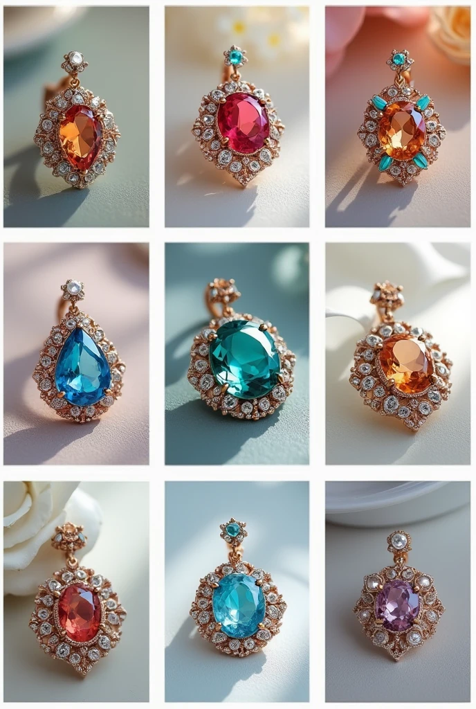Collage of 9 pictures. Each picture shows a photo of luxury silver jewelry. They are multi-colored, brands "Night flower"