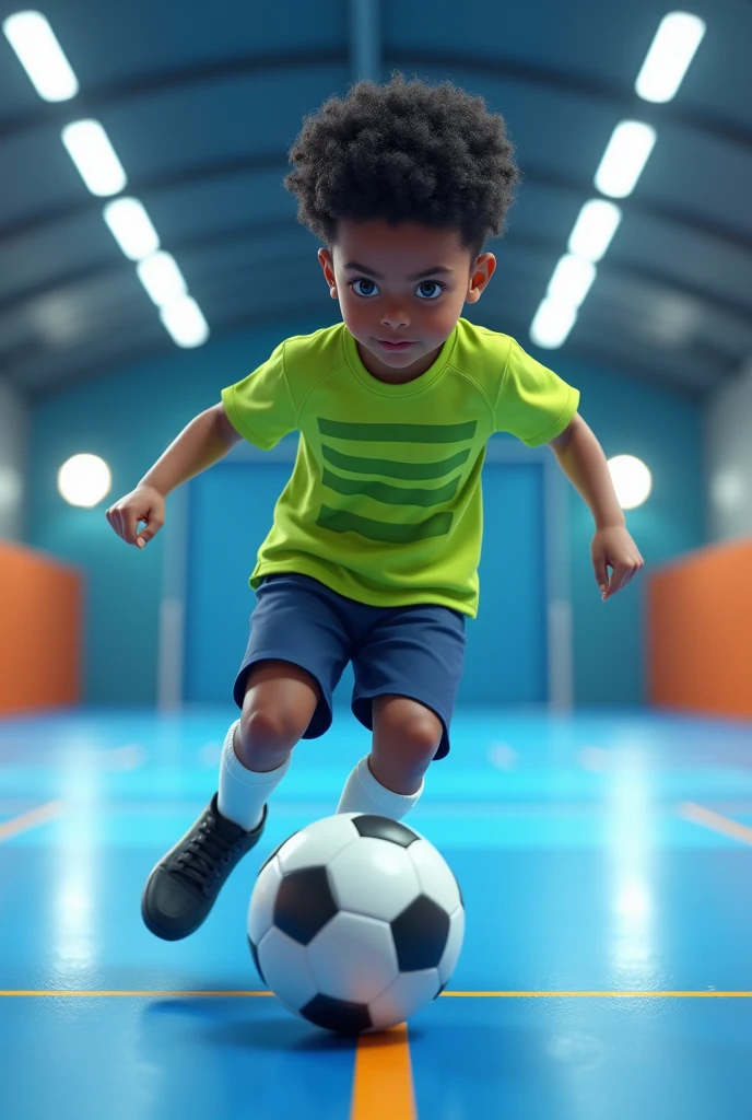 Generate an image of a child about kicking a ball. He is on a futsal court well lit by white neon lights.. The court floor is blue with orange lines. His skin is brown and his hair is black and curly.. His shirt is lime green with four horizontal avocado green stripes.. His shorts are navy blue and his socks are halfway up his shin and are completely white.. Your sneakers are black. Your face suggests courage and strength.
