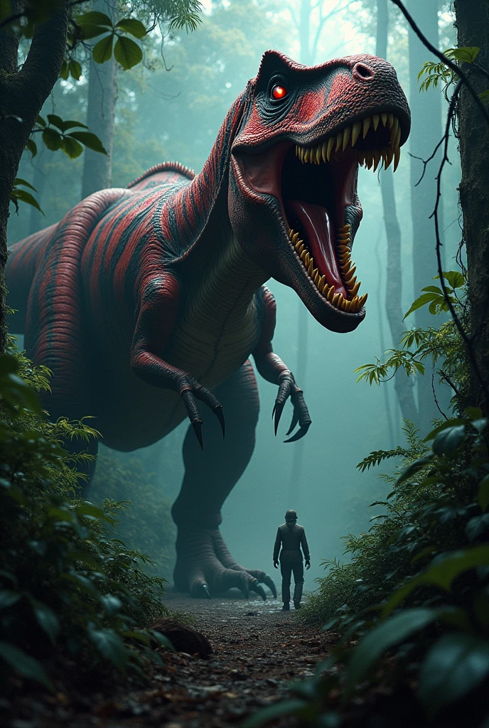 Red Tyrannosaurus Rex with black stripes hiding in the undergrowth in the African forest at night in front of a hunting man. Terror. frightful. fear.
