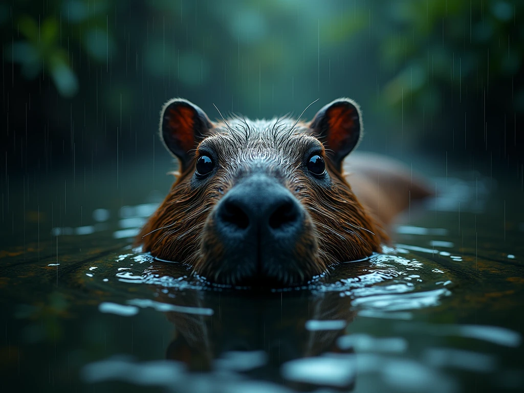 majestic capybara, swimming through murky water, lush jungle, eyes above waterline, rain pouring down, ripples on surface, wet and matted fur, dark shadowy jungle background, high key lighting, highly detailed capybara, extremely detailed eyes, detailed rippling water, dark atmospheric jungle, dramatic lighting, vibrant colors