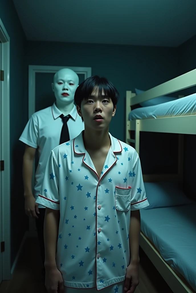 A 1 Thai male wearing white pajamas with blue polka dots and red trim, black hair, comma hairstyle, looking scared of something, center of the frame, camera angle pans up, background is a bunk bed, star-colored wall, night time, no lights, power outage, full body shot, scary atmosphere. have a man ghost wearing white t shirt and slacks pant black and black necktie behind the asian man