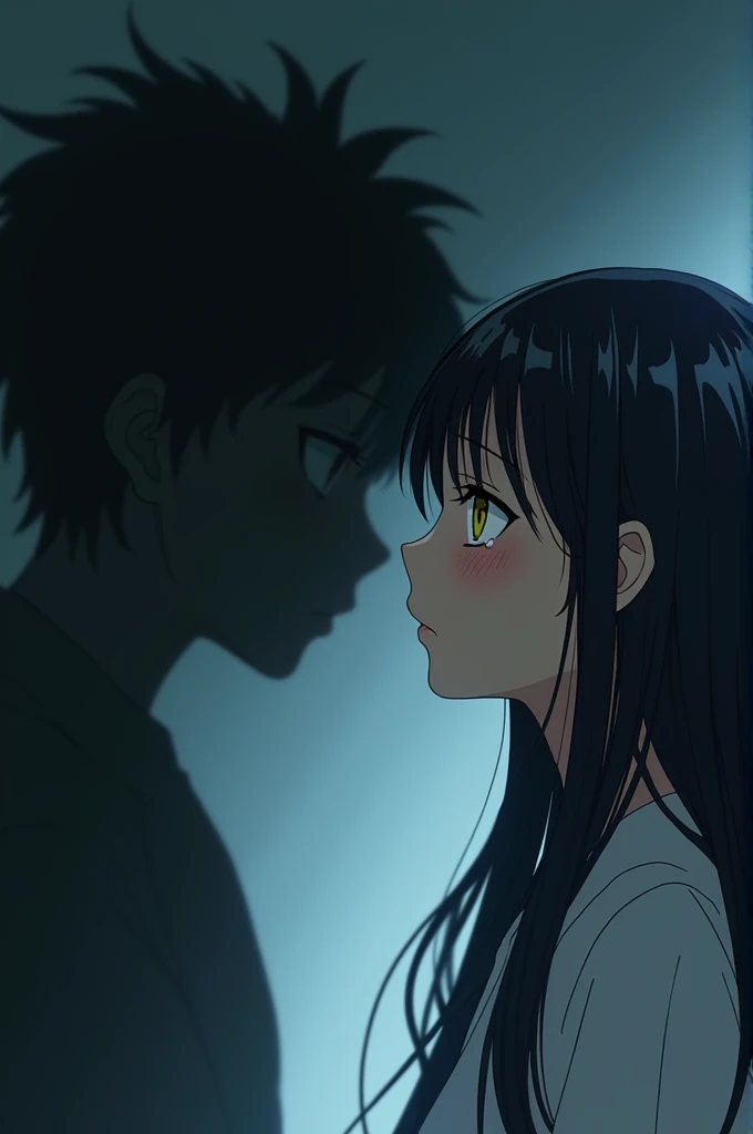 Girl with long black hair and yellow eyes crying when she sees her anime shadow.