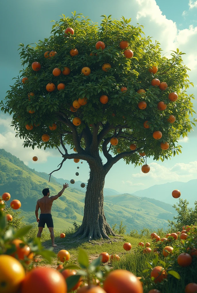 create a tree with many fruits, a person throwing stones at it, 8k ultra-realistic, cinematic
