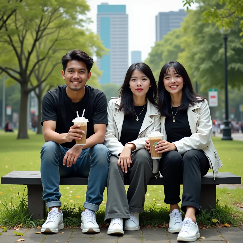 A pair of young Indonesian men and women, bright black hair, wearing a black t-shirt and white leather jacket. long cargo pants,pose,looking at the camera, white sneakers, sitting on a bench in a city park. I&#39;m drinking iced boba cappuccino.Realistic original photo Smile, Upside-Down, 