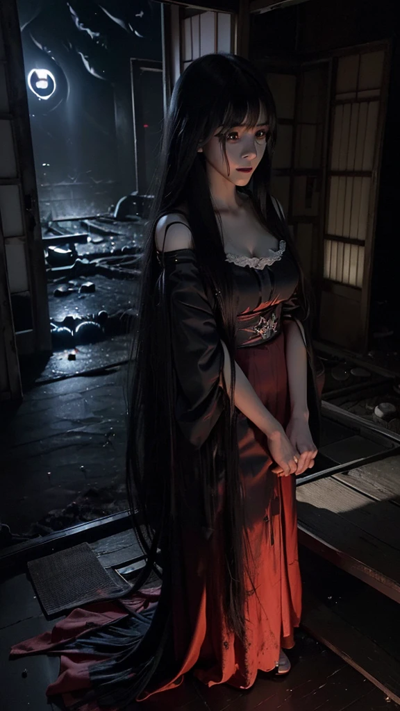 (​masterpiece, best quality)、(The ghost of a young beauty, scary Female Ghost, (black hair, super long hair, ultra long bangs:1.55, whole front face are hidden by long bangs:1.5), (Japan Ghost Story, Amazing beauty, ultra huge breasts, Excellent slim body style, Mind-boggling images, full body shot, (sheer red dress:1.2), canny, horrified, standing in Japanese abandoned houses, (Darkness of the night:1.5),