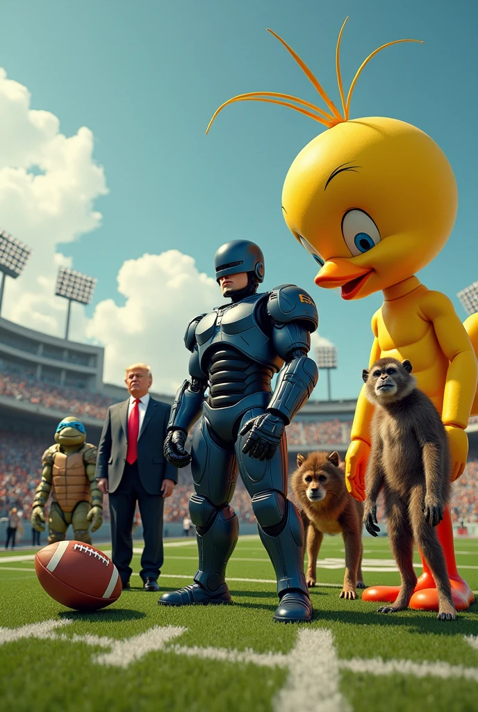 Create an image where Robocop appears, Sam has a mustache, Donald Trump, a ninja turtle, a sayayin bad fusion, a macaque, a giant tweety, a dog, on a football field