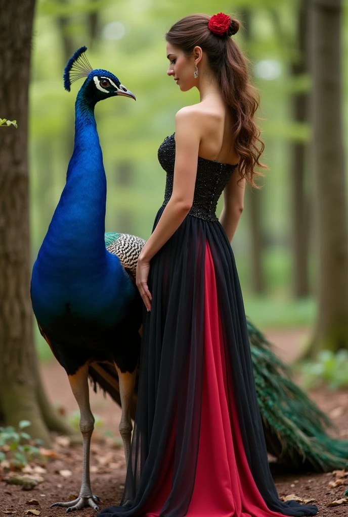 (Taking a picture in the forest with a peacock, standing next to a peacock. Hair tied up, brown long hair, wearing a flower in her hair. Big breasts, glamorous body, wearing a long dress with a mix of black and red, wearing red high heels