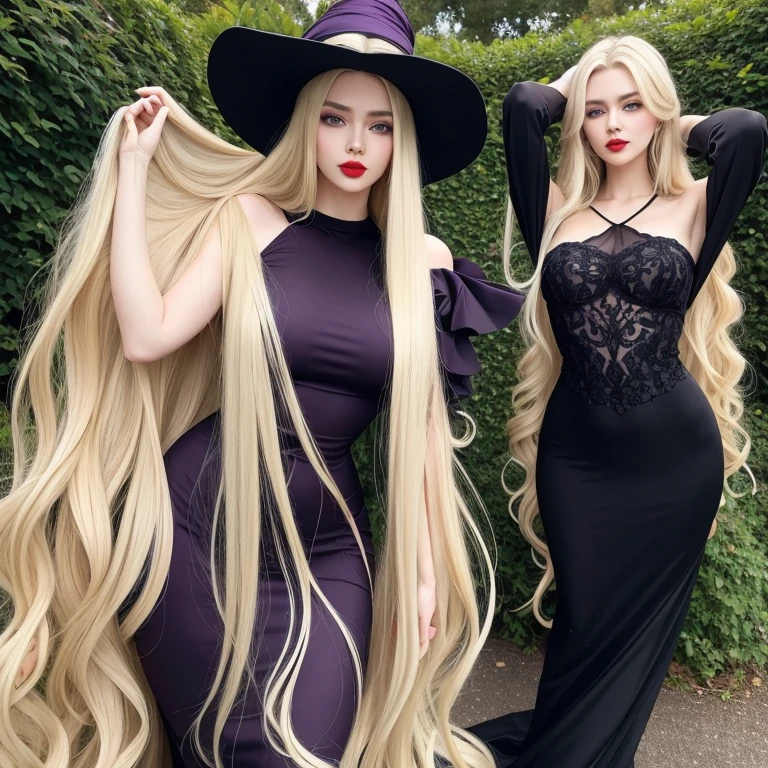 perfect face, red lips, green eyes,long black hair with very long blonde hair, super long blonde hair with very super long black hair, large hair, huge hair, woman wearing purple waisted mermaid dress, flowers hat