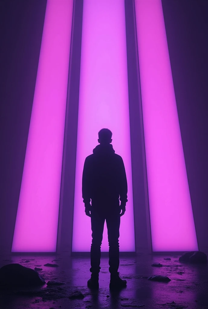 Create an image featuring a silhouette of a lone figure standing in a futuristic setting. The environment should consist of three tall, vertical light panels that cast a bright violet light, creating a stark contrast between the light and the surrounding darkness. The figure should be centered, facing away, and be completely silhouetted against the glowing light panels, emphasizing a mysterious and otherworldly feel. The bottom of the image should have the text 'BOAS-VINDAS' in bold, futuristic font, with 'MÓDULO 01' just beneath it in a smaller size. The overall color scheme should be dominated by shades of purple and black, conveying a moody and immersive sci-fi atmosphere. The image should be highly detailed, ultra-realistic, and suitable for a poster or a digital welcome screen.