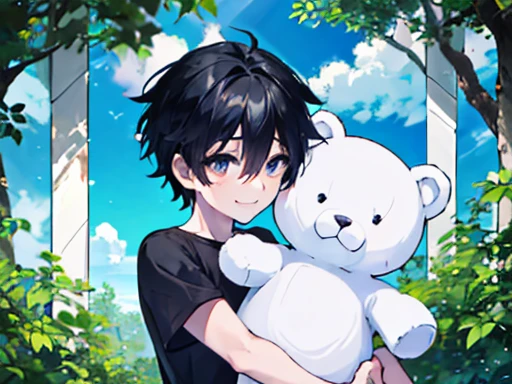 1 boy, he hugs a big white teddy bear, Black short hair, He is wearing a grey shirt, He smiles gently, foliage plant, astronomical telescope