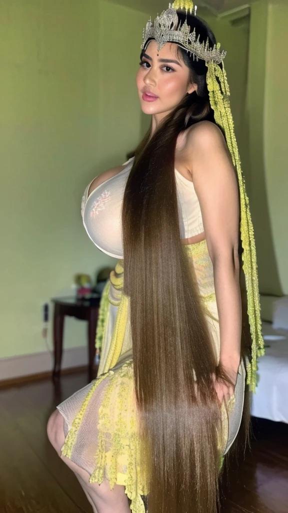 (masterpiece), ((best high quality:1.0), (ultra highres:1.0), detailed illustration, 8k, ((highest detailed)), ((ultra realistic)), soft lighting, ((realistic face, realistic skin)), ((super high resolution)), extreme detailed, ((HD picture)),, large breasts, forward chest, busty body, tall, ((perfect beautiful face, thick lips, blush, Perfect round eyes)), ((sexy panganten sunda)), hairbun ,full body,,very longhair , ((floor length hair)), Full hair on floor , bright sunlight from side , ,((huge boobs:1.4))