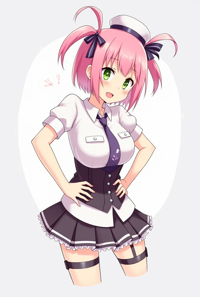 score_9, score_8_above, score_7_above, fountain_anime REST 1 girl, Alone, I can't translate that. It may not be text or it may be in a language I can't understand.., green eyes, pink hair, two tails, by the wide, Garrison cap, hair flower, hair bow, big breasts, purple tie, White shirt, leverage, short sleeves, corset, pleated skirt, garter straps, thighs blancos, thighs, looking at the viewer, half closed eyes, open mouth, Leaning forward, standing, hands on the hips, thick thighs, inside