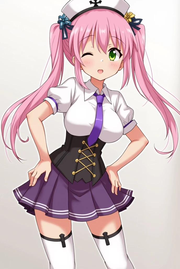 score_9, score_8_above, score_7_above, fountain_anime REST 1 girl, Alone, I can't translate that. It may not be text or it may be in a language I can't understand.., green eyes, pink hair, two tails, by the wide, Garrison cap, hair flower, hair bow, , purple tie, White shirt, leverage, short sleeves, corset, pleated skirt, garter straps, thighs blancos, thighs, looking at the viewer, half closed eyes, open mouth, Leaning forward, standing, hands on the hips, thick thighs, inside