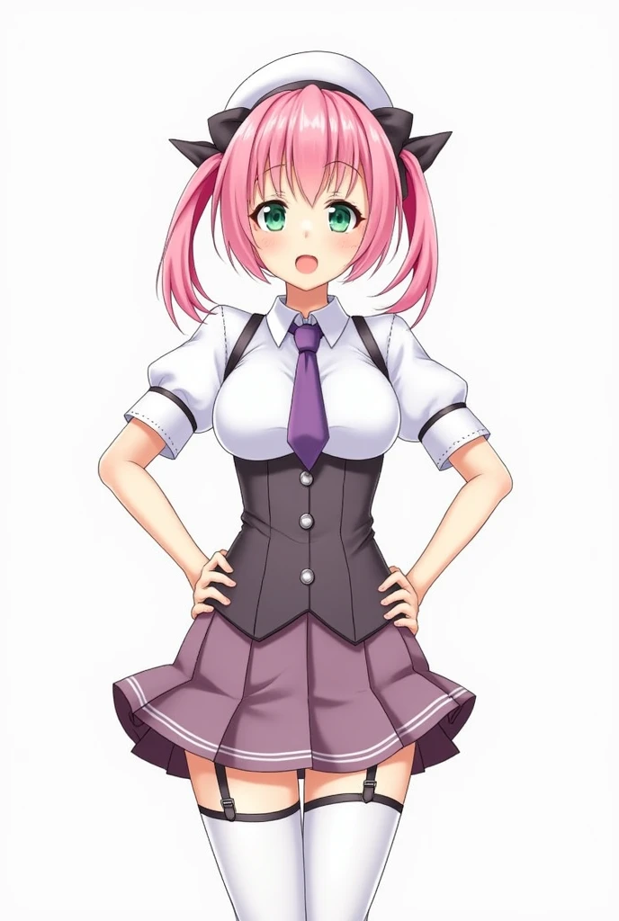 score_9, score_8_above, score_7_above, fountain_anime REST 1 girl, Alone, I can't translate that. It may not be text or it may be in a language I can't understand.., green eyes, pink hair, two tails, by the wide, Garrison cap, hair flower, hair bow, big breasts, purple tie, White shirt, leverage, short sleeves, corset, pleated skirt, garter straps, thighs blancos, thighs, looking at the viewer, half closed eyes, open mouth, Leaning forward, standing, hands on the hips, thick thighs, inside