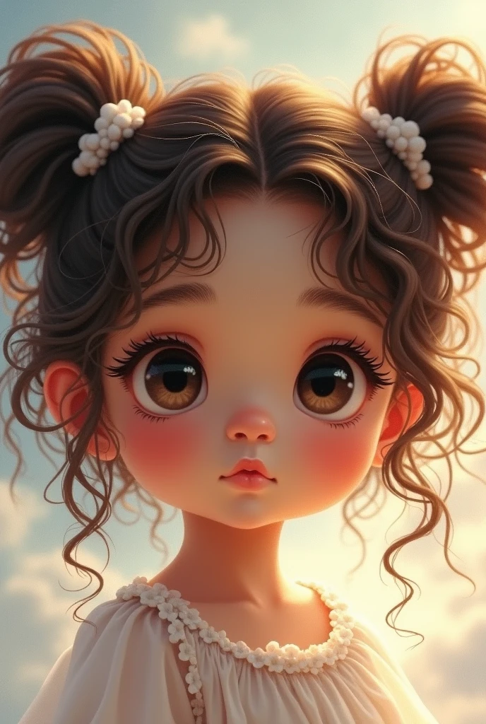 I want the image of a two-year-old baby girl with short, curly hair with two half ponytails on her head and the rest of her hair loose., dark black color, big and very expressive eyes long eyelashes and black eyes, brown chin, well-defined mouth, small and very beautiful, that is from heaven looking from heaven, but smaller, a year and a half old, hair that is thicker than that, the two ponytails as they are, Darker eyes and cleft chin 