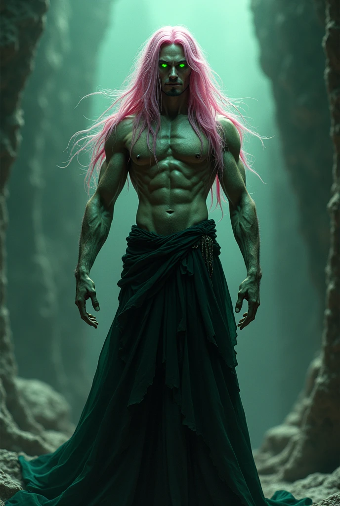 A tall man, long pink hair, sculptural body, greeneyes.
(Devil)