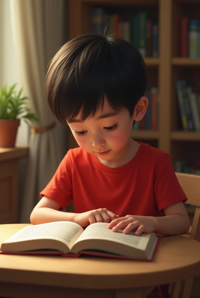 A boys read on table on red t shirt
