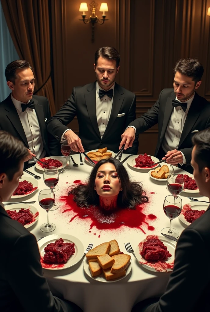 restaurant、Plates of bloody human flesh laid out on a round table、In the center is the bloody head of a beautiful Asian woman with long severed hair and dead eyes、grotesque、Many gentlemen and ladies are dining around a table、Eating the delicious flesh of a dead beauty、Use of knife and fork、looks delicious、bread、wine、photograph、live-action、