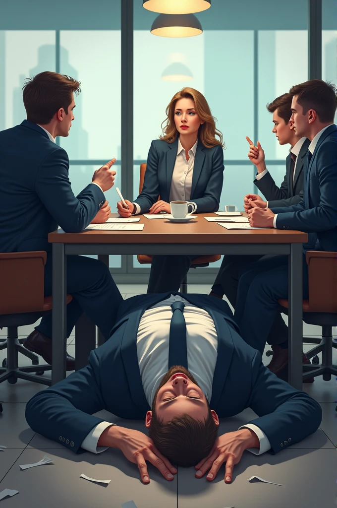 a man is at his office job and while he was talking to his female boss in a meeting and in the middle of his presentation he falls asleep and falls to to ground. while everyone in the meeting room is concerned for him and one female is trying to wake him up.