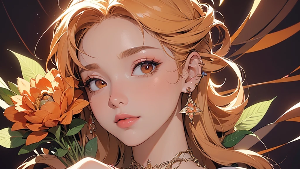 32K, 最高quality, 最高masterpiece, (ultra-Detailed Background, Detailed Background), High resolution, Super detailed, Very detailedな, 1 personの, (bouquet:1.3), (Tangled:1.2), (Geometric:1.2),(colorful),(masterpiece, quality, best quality, Official Art, Beautiful and beautiful:1.2), (1 person:1.3), Very detailed,(colorful:1.1)(Flowers:1.3),Most detailed,(Tangled:1.2), whole body, (Abstract background:1.3), (Skin glows), (Many colors:1.4), ,(Earrings Jewelry:1.5), Pale Orange Background, Gradation, It's imaginative., Flaxen Hair,