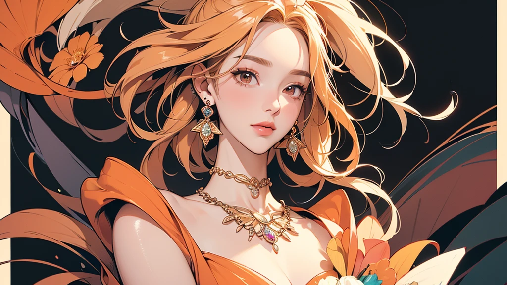 32K, 最高quality, 最高masterpiece, (ultra-Detailed Background, Detailed Background), High resolution, Super detailed, Very detailedな, 1 personの, (bouquet:1.3), (Tangled:1.2), (Geometric:1.2),(colorful),(masterpiece, quality, best quality, Official Art, Beautiful and beautiful:1.2), (1 person:1.3), Very detailed,(colorful:1.1)(Flowers:1.3),Most detailed,(Tangled:1.2), whole body, (Abstract background:1.3), (Skin glows), (Many colors:1.4), ,(Earrings Jewelry:1.5), Pale Orange Background, Gradation, It's imaginative., Flaxen Hair,