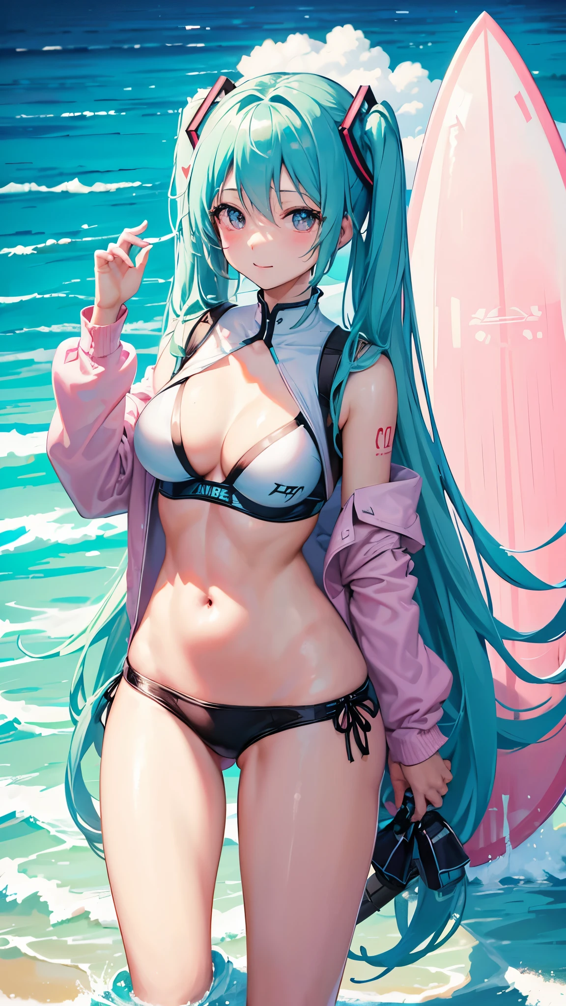 (anime-style cute face)、Hatsune Miku,最high quality, ((Sharp details)), (8k, RAW Photos, 最high quality, masterpiece), (looking at the camera),Cute Smile、Very big eyes、anatomically correct body、Big thighs、Muscular woman、The face is bright、Professional Lighting、Cute little breasts、Emphasis on the chest、(Pink and white long sleeve surf suit:0.6、Belly button、slit:1.6、Cute frills:1.8)、(black and pink spats)、high quality,High resolution,16K,Sharp lines,1 girl,(((Professional female surfer:1.9))) ,Big waves、Standing on a surfboard:1.8、((A surfboard races across the water:1.9)),Detailed clothing、全画面に対してHatsune Mikuは25パーセントの大きさで