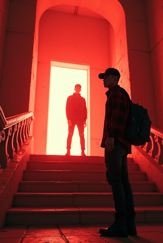 depict dramatic scenes with strong color contrasts, especially in shades of red and orange, depicting environments that appear otherworldly. In the middle, there was a white door emitting bright light, with the silhouette of a person standing in the doorway. Face detailed. Look straight ahead. 27yo Indonesian man wearing dark red flannel shirt and dark ripped jeans pants and black hiking hi-shoes with black backward trucker hat, wear dark leather backpack, masculine photoshoot pose, arrogant man expression. On the side of the stairs leading to the door. The setting includes architectural elements such as stairs and railings that have an ancient and future design.