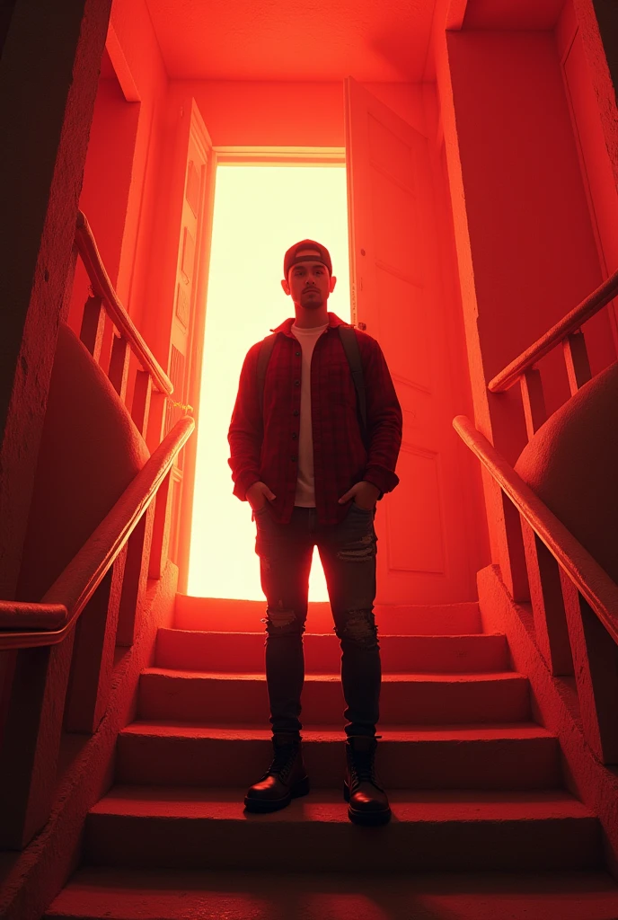 depict dramatic scenes with strong color contrasts, especially in shades of red and orange, depicting environments that appear otherworldly. In the middle, there was a white door emitting bright light, with the silhouette of a person standing in the doorway. Face detailed. Look straight ahead. 27yo Indonesian man wearing dark red flannel shirt and dark ripped jeans pants and black hiking hi-shoes with black backward trucker hat, wear dark leather backpack, masculine photoshoot pose, arrogant man expression. On the side of the stairs leading to the door. The setting includes architectural elements such as stairs and railings that have an ancient and future design.