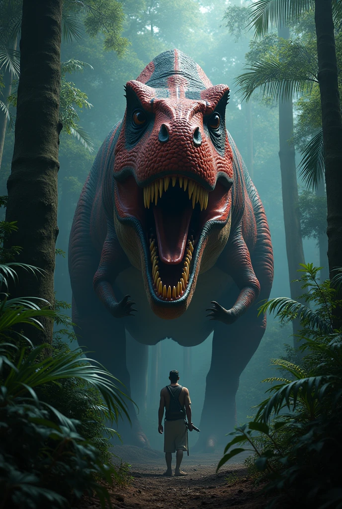 Red Tyrannosaurus Rex with black stripes hiding in the undergrowth in the African forest at night in front of a hunting man. Terror. frightful. fear.