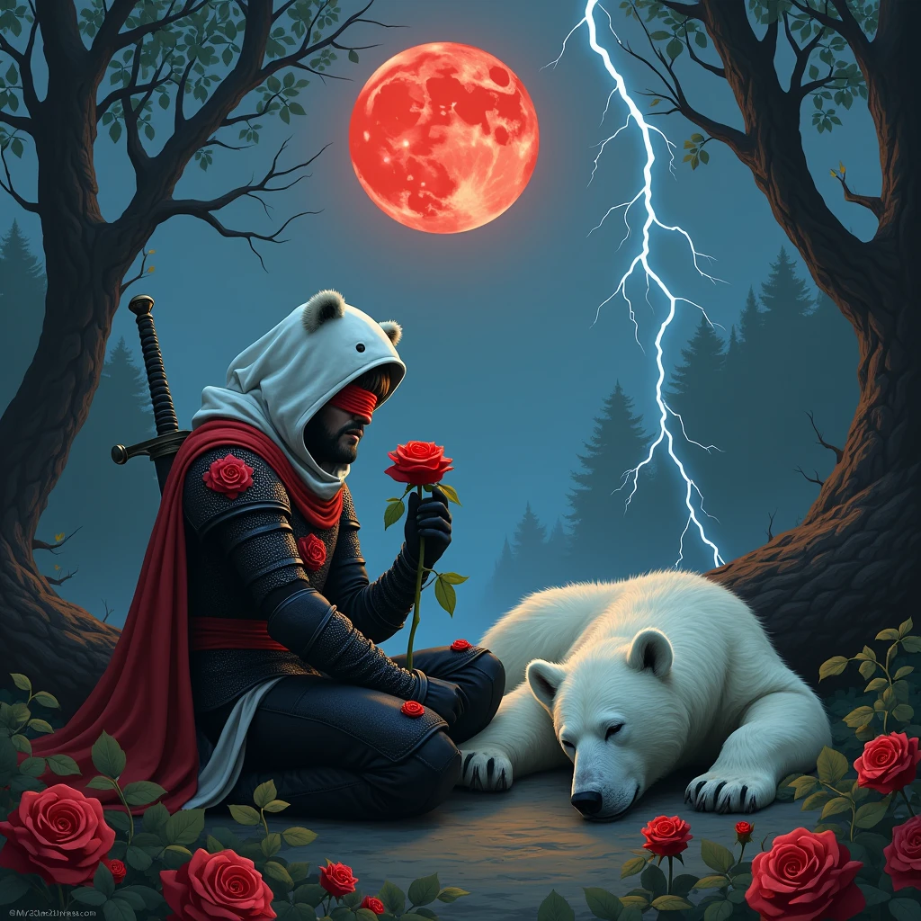 Male knight with a white hood with bear ears with sword behind his back sits towards a polar bear in a forest while the moon shines, many Roses cover the ground and lightning falls from the sky. The polar bear sleeps in front of the knight. Only the man wears a red blindfold. In the background of the picture is the blood moon and a tree has fallen down in the path. The forest is full of trees with leaves. The armor of the man is black and red roses decorate it. The knight smells on a rose.
