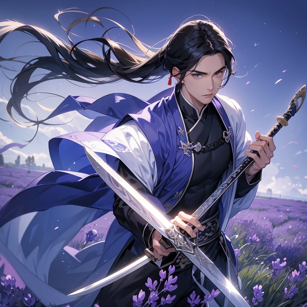 A Handsome black-hair male holding a large sword in blue-white ancient general chinese, close up.
Stroll among the purple lavender fields , There are some floating clouds,