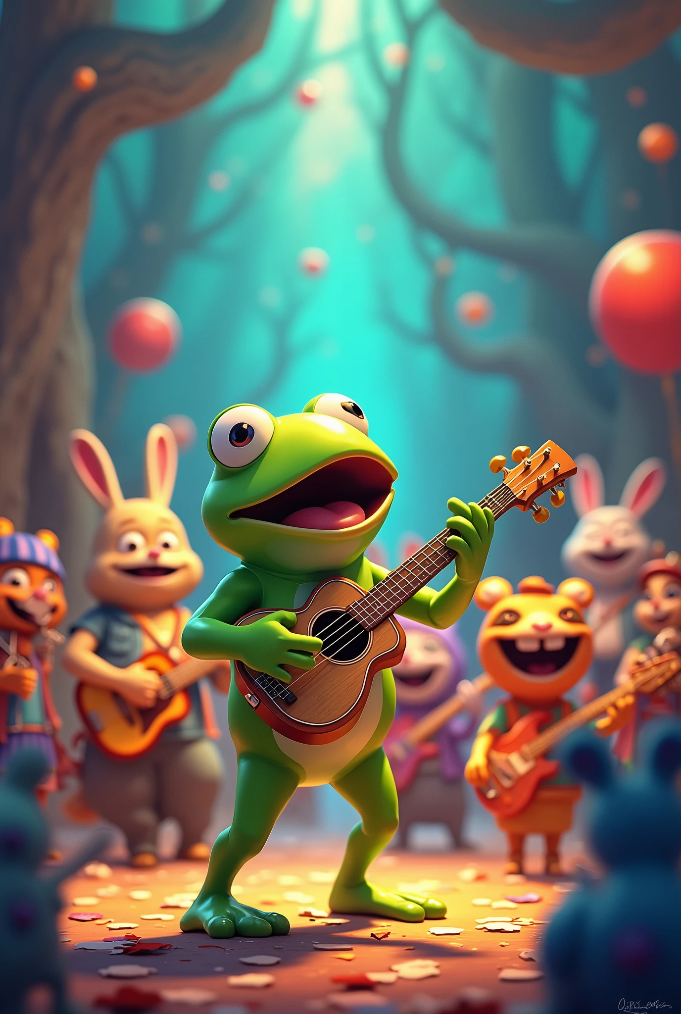 animated characters playing instruments, and one sings this song