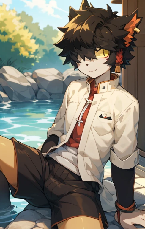 Aak,sit,masterpiece,Hot springs,Anime style,4K HD style,Looking at the audience,Aakhead,Black shorts,Boys,Open your legs,Black under the crotch