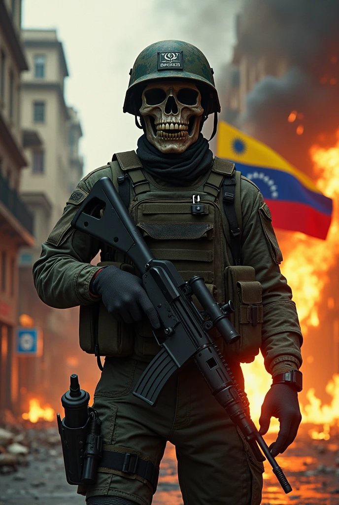 Brazilian soldier with skull mask wearing UN helmet and with a skull that is in the Venezuelan war with the Venezuelan flag on fire in the capital of Caracas.