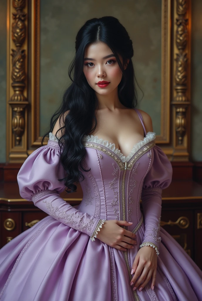Very beautiful English woman from the Victorian era with hair as black as night and straight, with a hairstyle of the time. But white as milk, Blue eyes with a perfectly proportioned body with beautiful, large breasts and a perfect waist. She is dressed in a typical Victorian dress in the year 1868 in lilac and in the background in a castle 