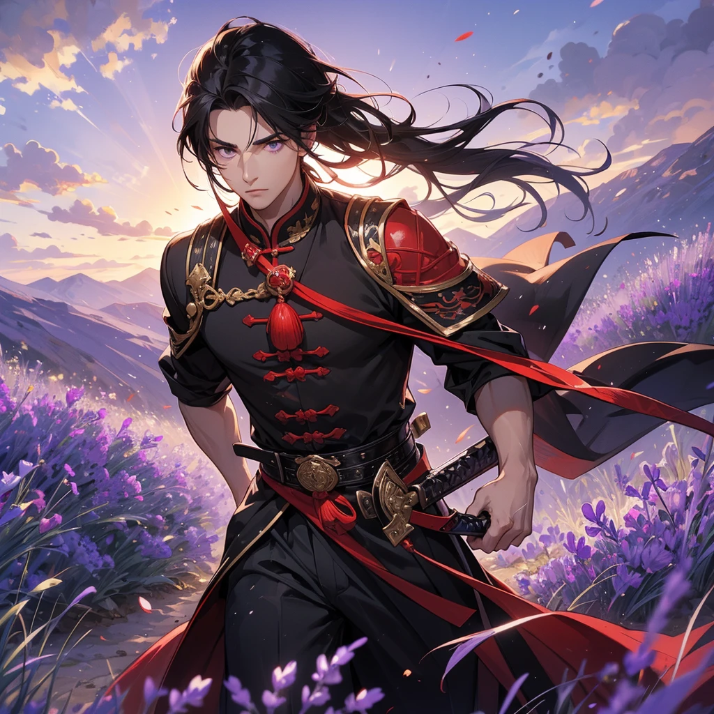 A Handsome black-hair male holding a large sword in red-white ancient general chinese, close up.

Stroll among the purple lavender fields , There are some floating clouds,

 
