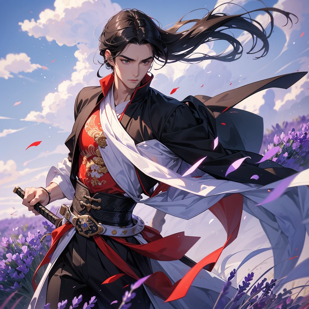 A Handsome black-hair male holding a large sword in red-white ancient general chinese, close up.
Stroll among the purple lavender fields , There are some floating clouds,